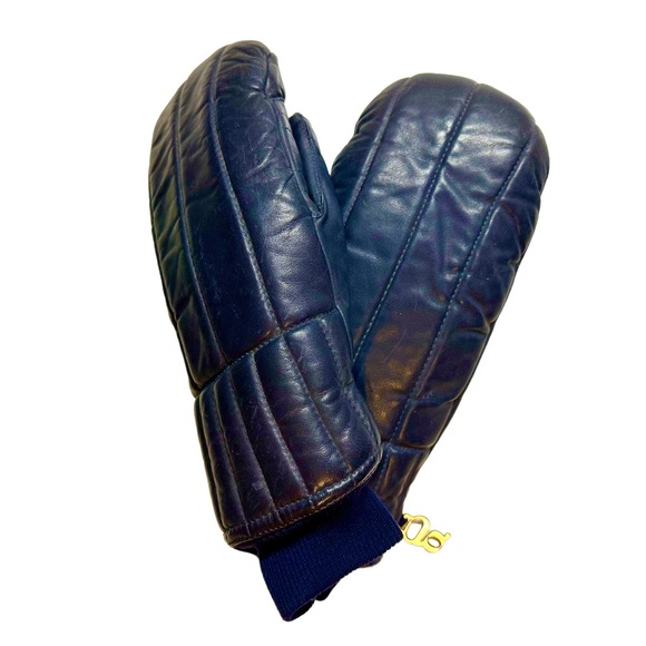 Vintage Accessories Vtg Grandoe Mens Navy Blue Leather Ski Mittens